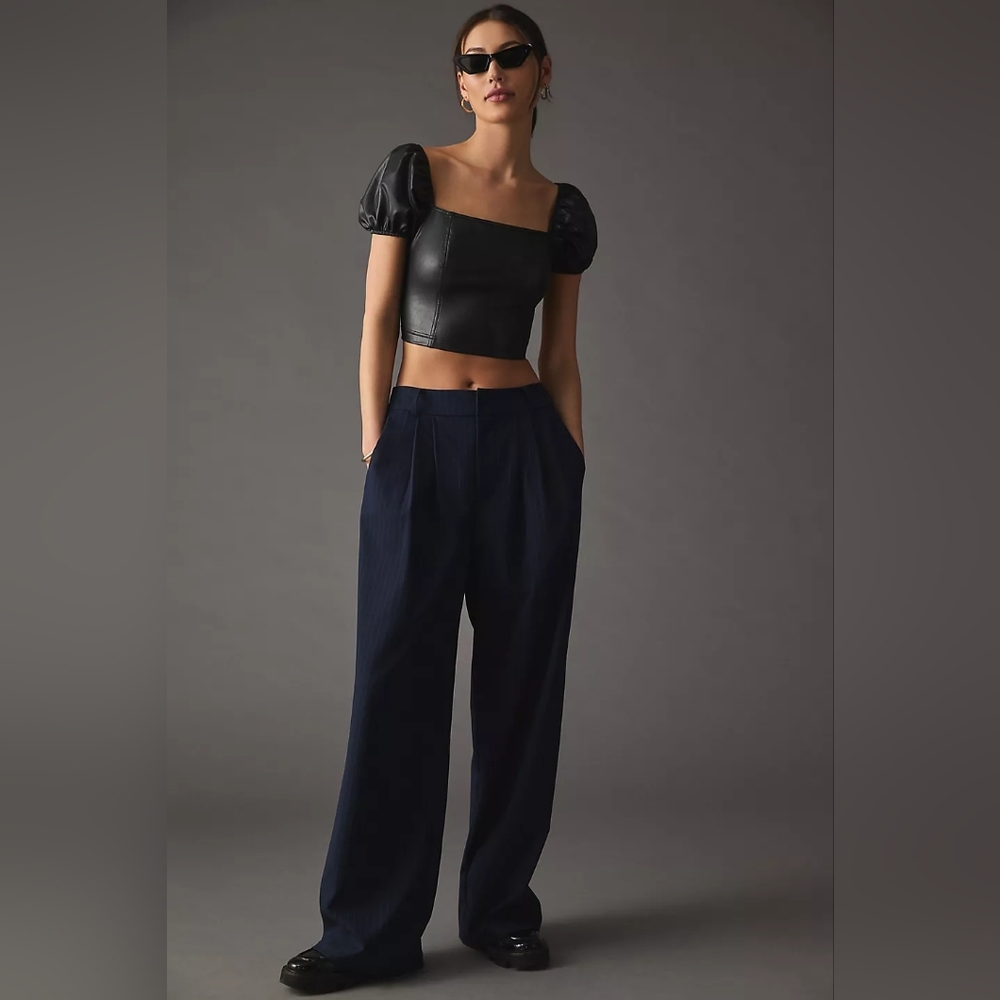 Anthropologie Avec Les Filles Pleated Wide-Leg Trousers Navy Stripe, Size M NWOT